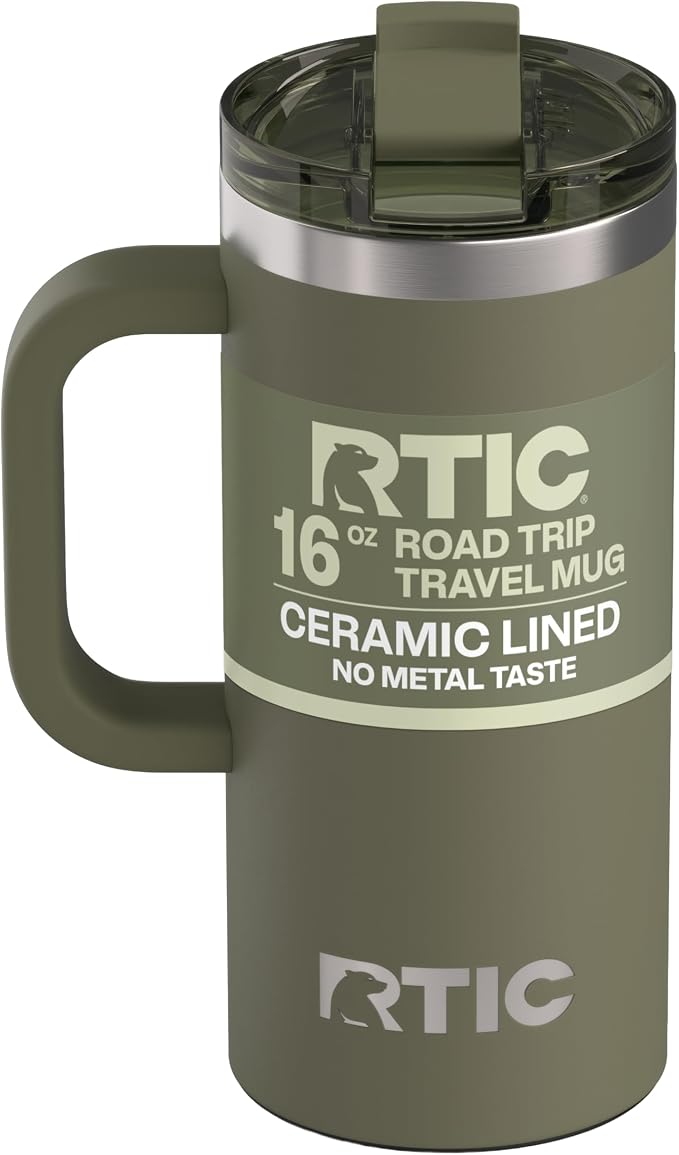 RTIC 16oz Road Trip Travel Mug with Lid and Handle, Ceramic Lined, Olive | Stainless Steel Metal, Insulated Travel Cup for Hot and Cold Drinks, Coffee, Car, Camping and Travel