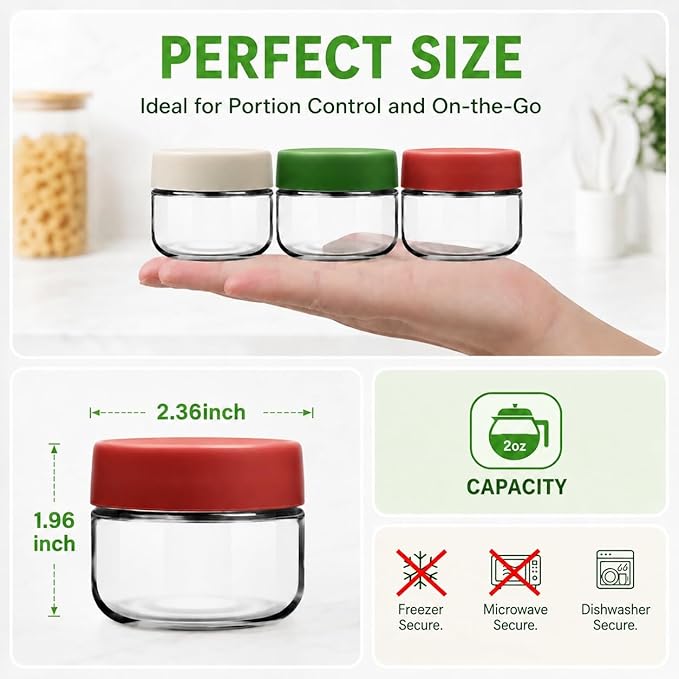 2oz Glass Dressing Containers With Lids, Sauce Jars for Lunch, 12pk | Airtight ,BPA Free,Perfect for to go lunch box Accessories , Dishwansher safe