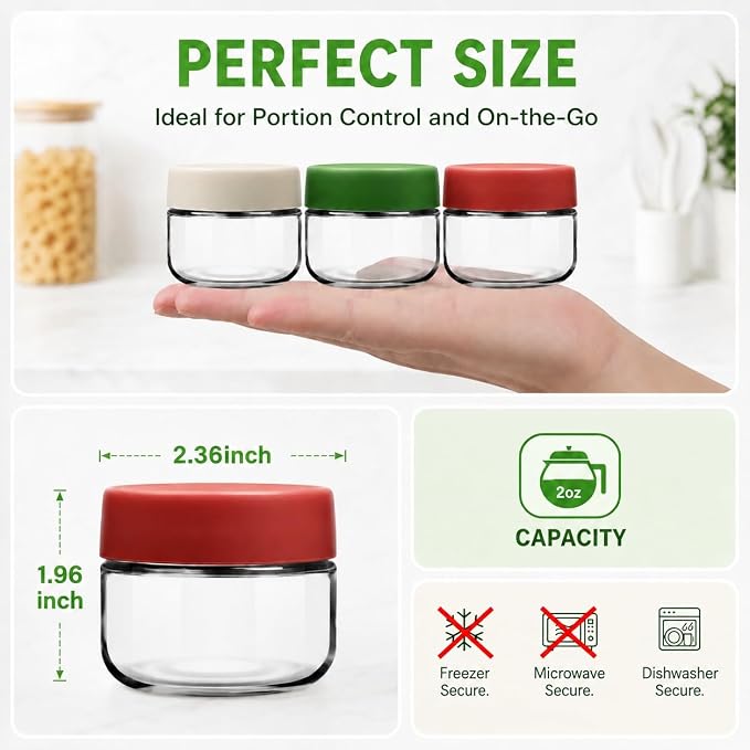 2 oz Glass Dressing Containers With Lids, Sauce Jars for Lunch, 6pk | Airtight ,BPA Free,Perfect for salad dressing sauce dip condiment to go lunch box Accessories , Dishwansher safe