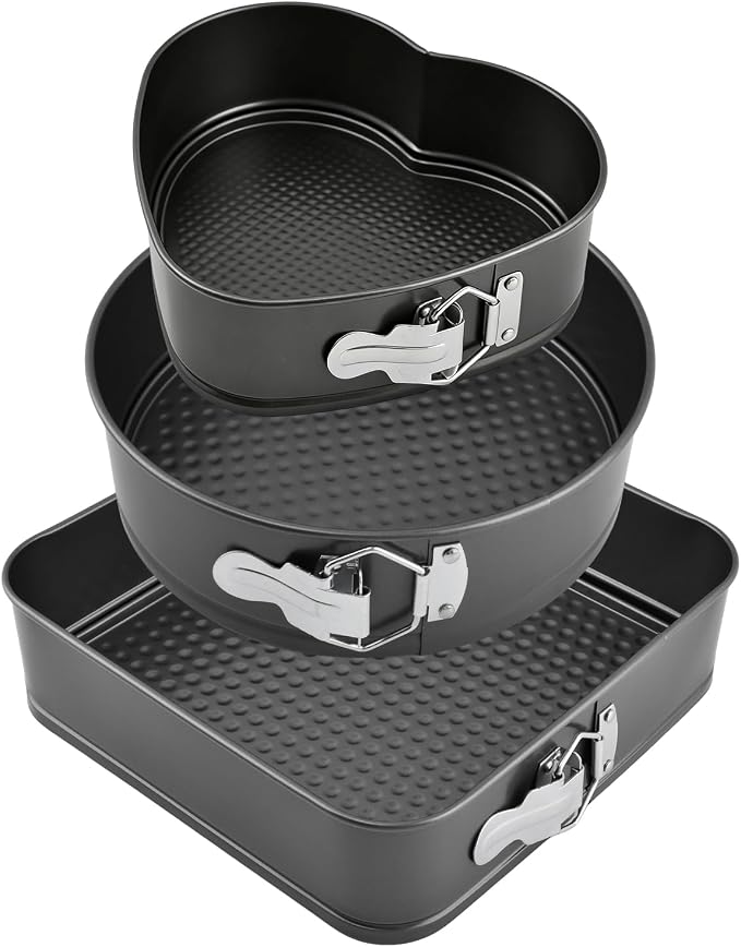 Springform Pan Set of 3 (7,8,9 Inch) - Round, Square and Heart Shaped Leakproof Cheesecake Pans with Removable Bottom, Nonstick Carbon Steel Cake Tin for Valentine‘s Day, Anniversary Baking