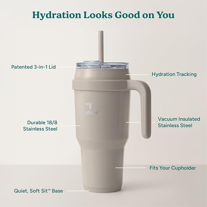 REDUCE 40 oz Stainless Steel Tumbler with Handle - Dual-Wall Vacuum Insulated Travel Mug, Sweat-Proof Lid & Reusable Straw - Keeps Drinks Cold for 24 Hrs, Fits Cupholders, Dishwasher Safe - Sand
