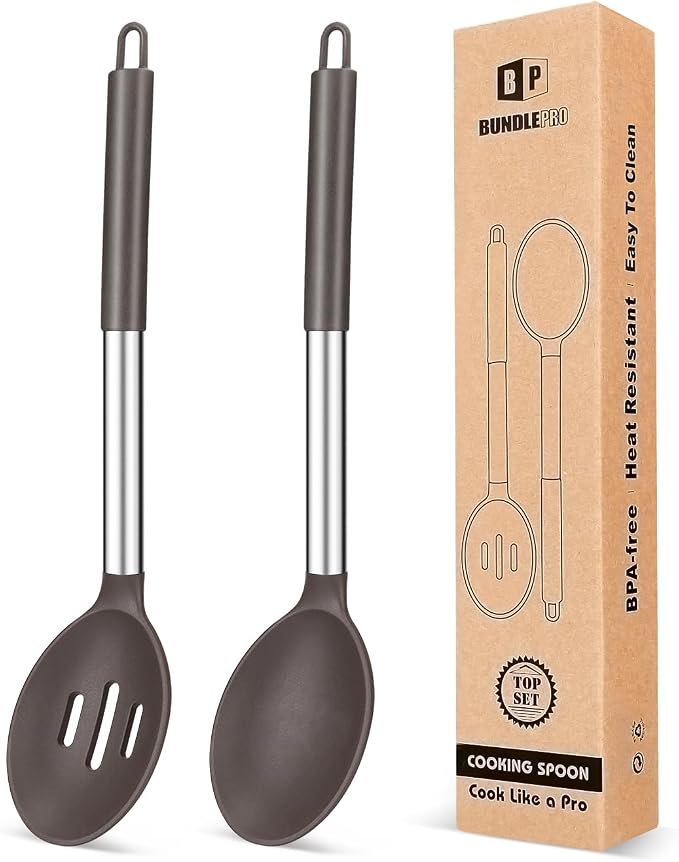 BUNDLEPRO Silicone Cooking Spoons for Non Stick Cookware, 2 Pack, Chocolate | Heat Resistant, Large Kitchen Spoons for Mixing, Serving, Draining, Stirring