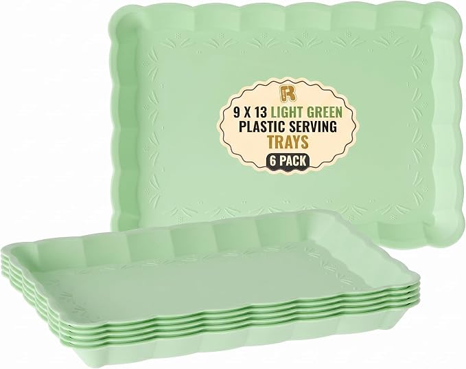 6 Pack Light Green Plastic Serving Trays for Party, 9 x 13 Inch - Heavy Duty Plastic Trays for Food - Rectangular Party Serving Trays and Platters - Green Disposable Trays