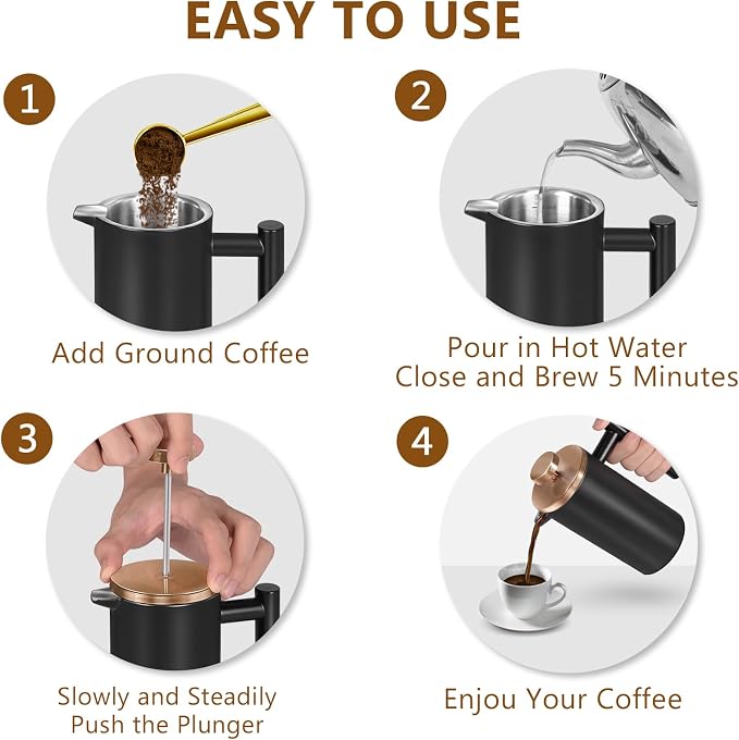 Black Stainless Steel French Press Coffee Maker, Double Wall Insulated French Press,for Coffee&Tea,with 3 Extra Screens and a Coffee Spoon,34oz/1000ml,Gold