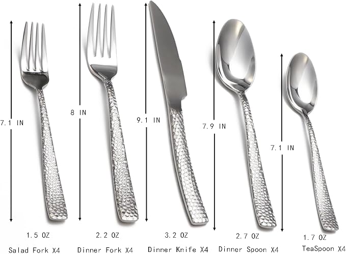 Hammered Silverware Set, 20 Piece Stainless Steel Flatware Set for 4, Food-Grade Tableware Cutlery Set for Home Restaurant, Mirror Polished, Dishwasher Safe
