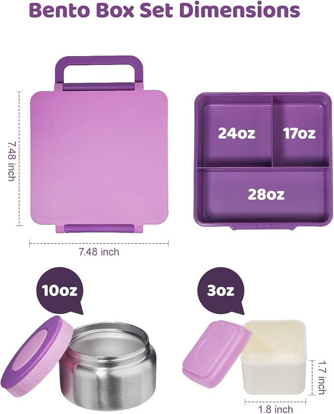 SOHIDA Bento Box with 10oz Soup Thermo: Kids Leakproof Lunch Box with 3 Compartments - Dishwasher Safe and BPA-Free - Vacuum Insulated Food Jar Suitable for Kids Back to School, Travel - Purple