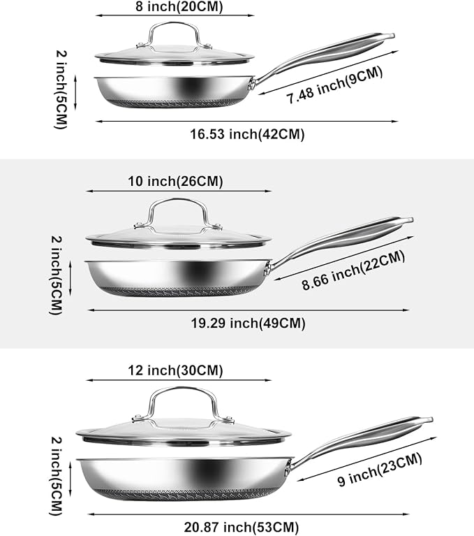 USELUCK Hybrid Non Stick Frying Pans with Lid,8/10/12 inch Frying Pan Set | Stainless Steel Skillet with Honeycomb Surface,Oven-Safe,PFAS-Free,Compatible with All Cooktops.