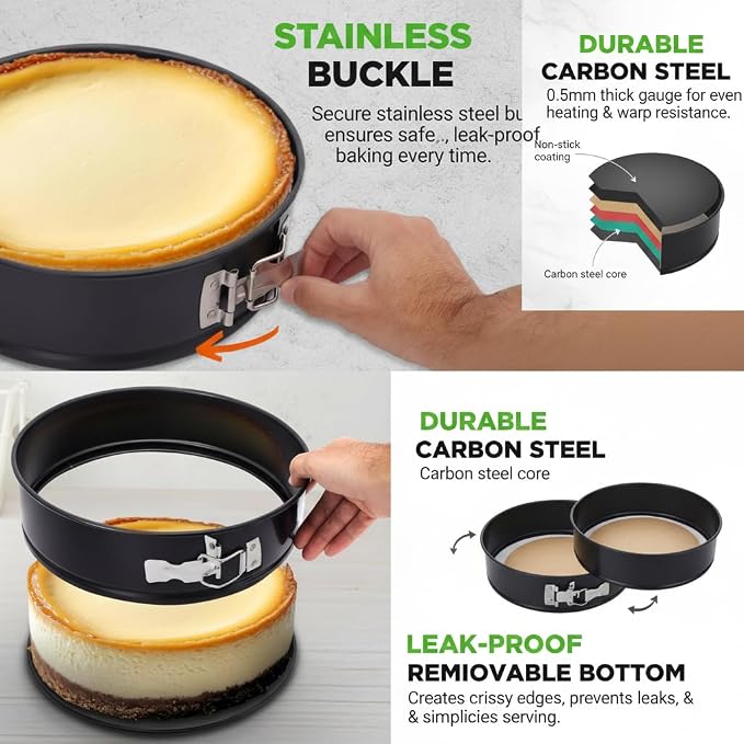Nutrichef 3-Piece Nonstick Springform Pan Set - Premium Carbon Steel Cheesecake Pans with Stainless Steel Clasp - 6", 8", 10" Sizes, Oven Safe up to 450°F - Includes 300pcs Parchment Paper (Black)
