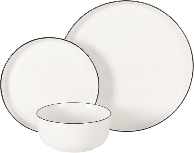 Gibson Home Oslo 12-Piece Porcelain Dinnerware Set – Dinner Plates, Salad Plates & Bowls, Classic White With Black Rim Everyday Dish Set for Home, Kitchen, Microwave & Dishwasher Safe