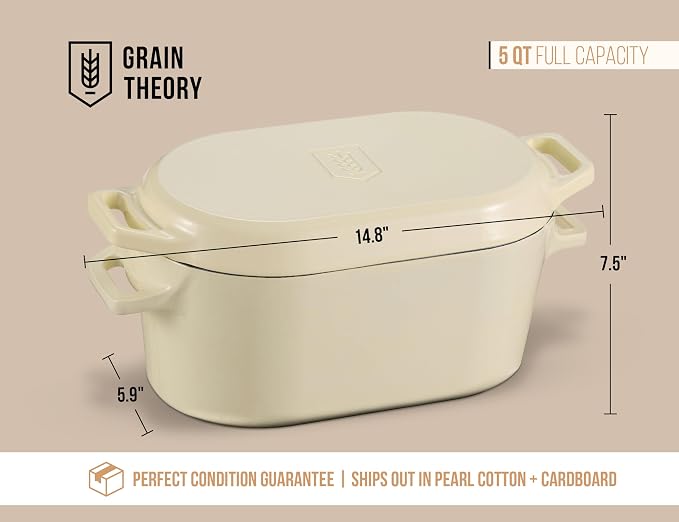 KooK Dutch Oven, For Sourdough Baking, Dual Handles, Enameled Cast Iron, includes Silicone Mat and Sourdough Guide, Dishwasher Safe, Oven safe 500F, 5 Qt, (Ivory)