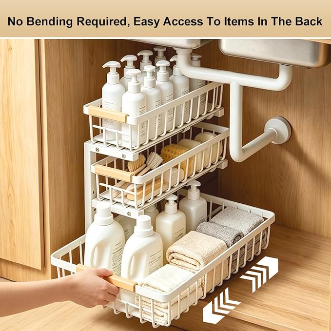 Under Sink Organizer, 3-tier Under Sink Storage Organizer Adjustable Height Easy Assembly Pull Out Cabinet Organizers Basket for Bathroom Kitchen Pantry Home Organization