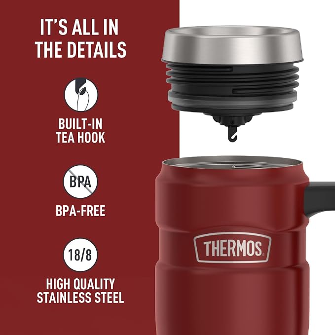 THERMOS Stainless King Travel Mug with Handle, 16oz, Rustic Red | Vacuum-Insulated Travel Mug with Handle for Hot & Cold Drinks, Stainless Steel Coffee Mug with Lid for Commuting
