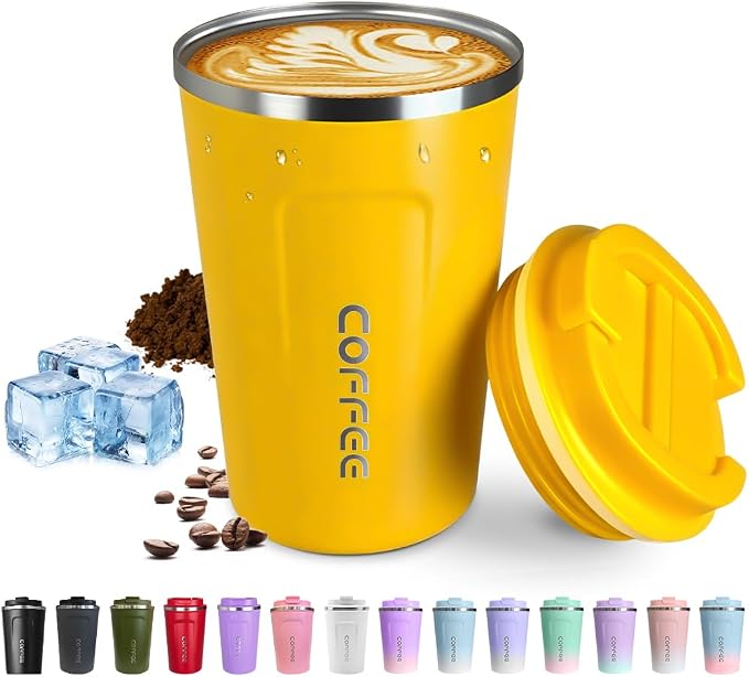 SPLMIFA Travel coffee mugs leak-proof, reusable coffee cup with lid, stainless steel vacuum insulated coffee tumblers, thermal insulation cups for men & women keep drinks hot & cold (2nd-Yellow, 17OZ)
