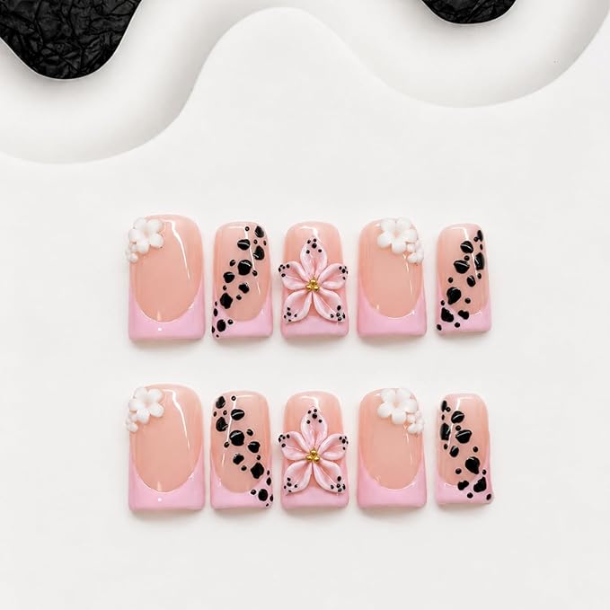 Duck Press on Nails Handmade Short Pink French Tip Fake Nails with 3D Flower Designs Black Leopard Print False Nails Glossy Thick Acrylic Stick on Nail Art Elegant Style for Women Daily Wear (S)