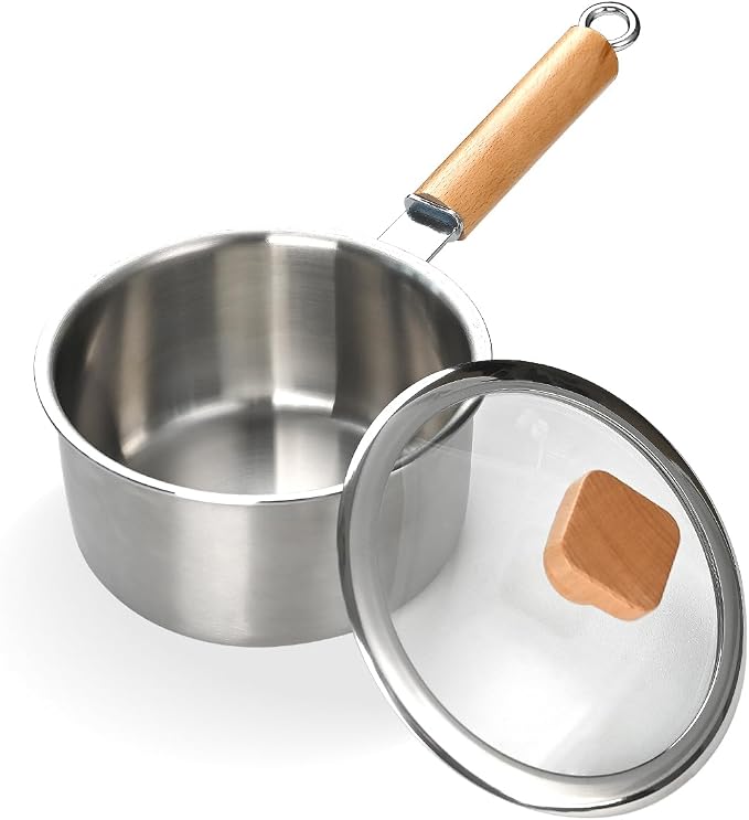 Sauce pan with Glass Lids,1.5QT Uncoated Stainless Steel SaucePan | Milk Pot with Staly-Cool Handle, 3-ply Induction Base Stock Pot for Most Cooktops, Dishwasher Safe