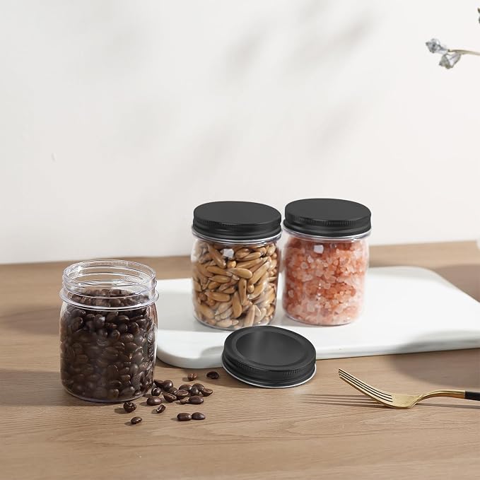 novelinks 8 oz Plastic Mason Jars and Clear Plastic Jars with Lids 8 oz | 24 Pack, Black, Plastic Containers with Lids, Small Mason Jars, Clear Jars Bulk, Spice Jars, Slime Jars, Mini Jars