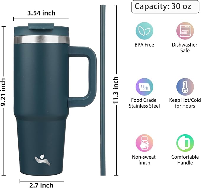 Konokyo 30 oz Insulated Tumbler Water Bottle with Handle, Straw Lid | BPA-free and dishwasher safe; made for gym, travel, coffee and gifting, 2 straws, cup holder friendly,Navy blue