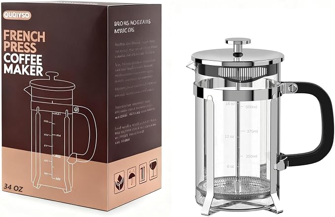 QUQIYSO French Press 34oz, Stainless Steel and Thickened Glass Coffee Maker | 4 Filter Heat-Resistant Borosilicate Glass Coffee Press, Easy to Clean, Suitable for Kitchen Party Camping Gifts(Silver)