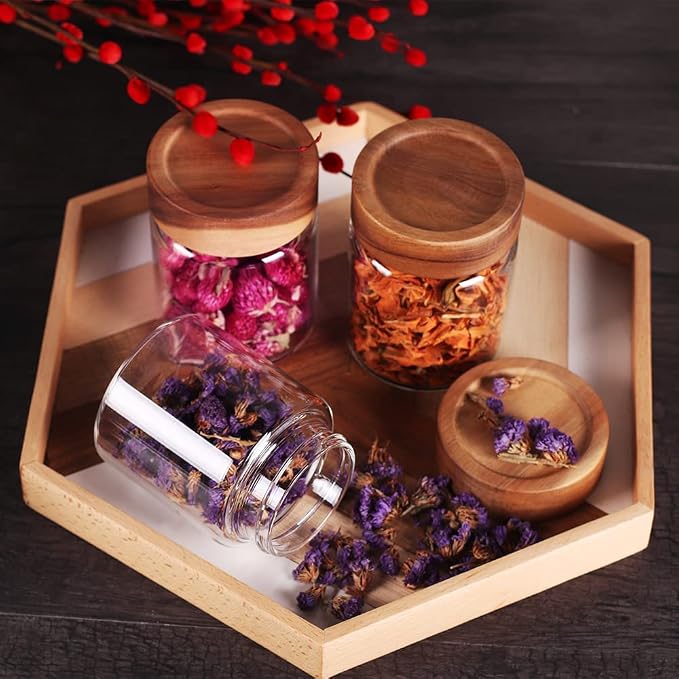 SAIOOL 3 Packs Glass Food Storage Jars with Screw Airtight Seal Acacia Wood Lids,Spice Jars with Lids, Organization for Jars Bottles Containers Travel Gear, Sugar, Salt,Coffee, cookies,spices | Screw Airtight Seal, Spice Jars, For Sugar, Salt, Coffee, ...