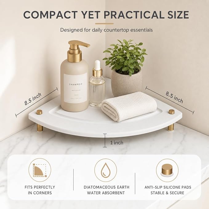 Corner Counter Shelf, Water Absorbing Stone Drying Tray Mat for Kitchen & Bathroom Sink, Diatomaceous Gold Faucet Coaster Soap Dish Rack Riser Dispenser Sponge Holder, White, 8.5" x 8.5"