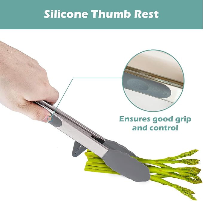 12" Kitchen Tongs for cooking with Silicone Tips, 3Pcs Serving Tongs, Grey | Small Silicone Tongs mit kickstand, Food Grade, 3 different type of tongs, Stainless Steel