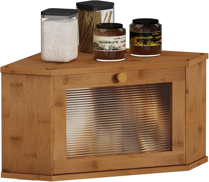 Corner Bread Box For Kitchen Countertop,Bread Storage Bin (Brown, Medium) | Small Bamboo Bread Container,Corner Shelf For Kitchen Decor