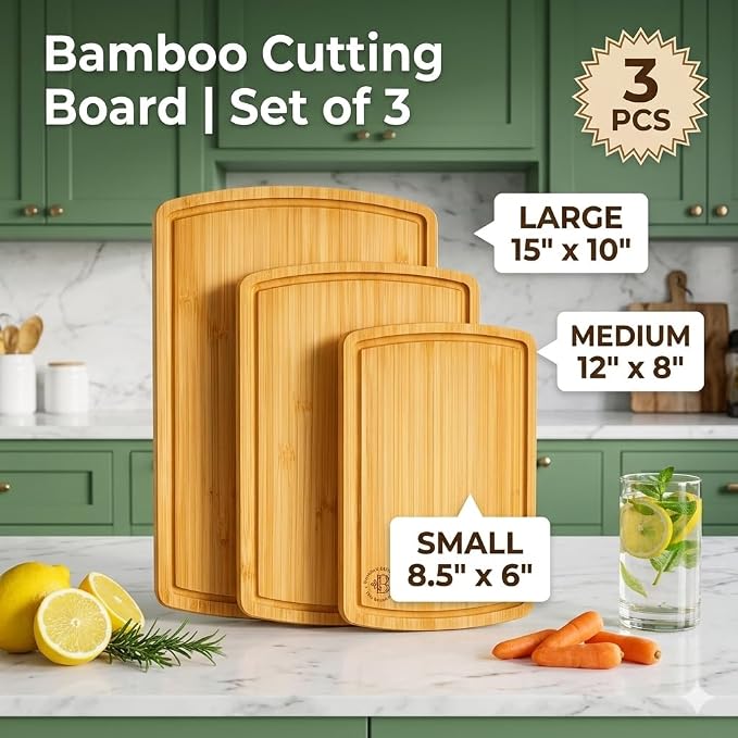 Bamboo Cutting Boards for Kitchen, Non Toxic Wooden Chopping Board Meat Set | Deep Juice Groove, Knife-Friendly, Reversible Butcher Block, Side Handles, Serving, Food Prep, Vegetable, Fruit, Meat, Cheese
