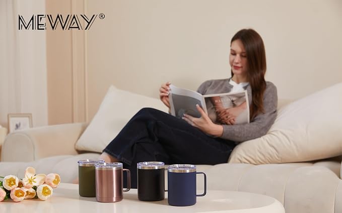 MEWAY 12oz Coffee Mug With Handle 4 Pack Bulk,Stainless Steel Insulated Travel Tumblers With Sliding Lid,Double Wall Vacuum Camping Cup for Hot & Cold Drinks Tea (Mix,Set of 4)