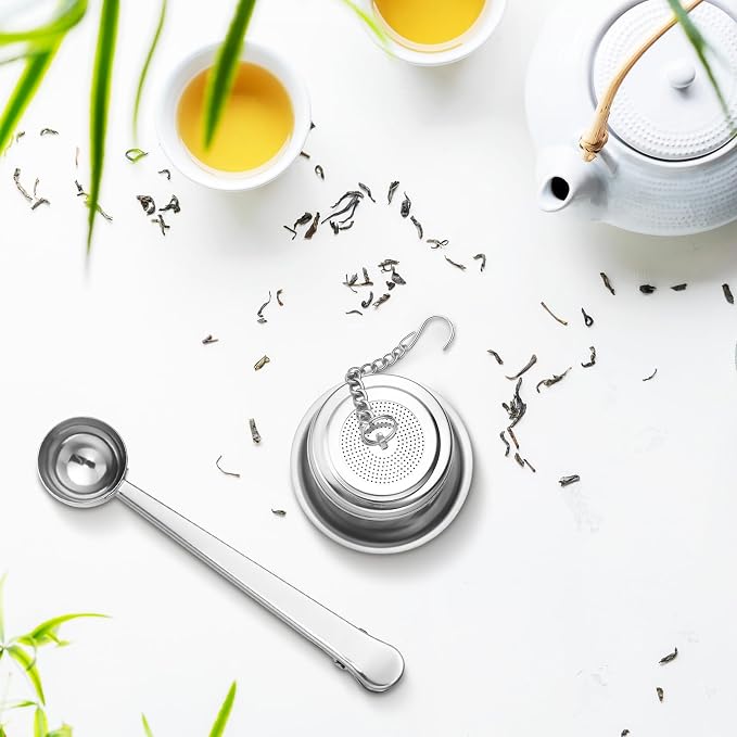 4 Pcs Tea Infuser Strainers for Loose Tea with Scoop, Extra Fine Mesh Steeper 304 Stainless Steel Diffuser Leaf Holder with Extended Chain Hook for Brew, Spices, Seasoning, Silver