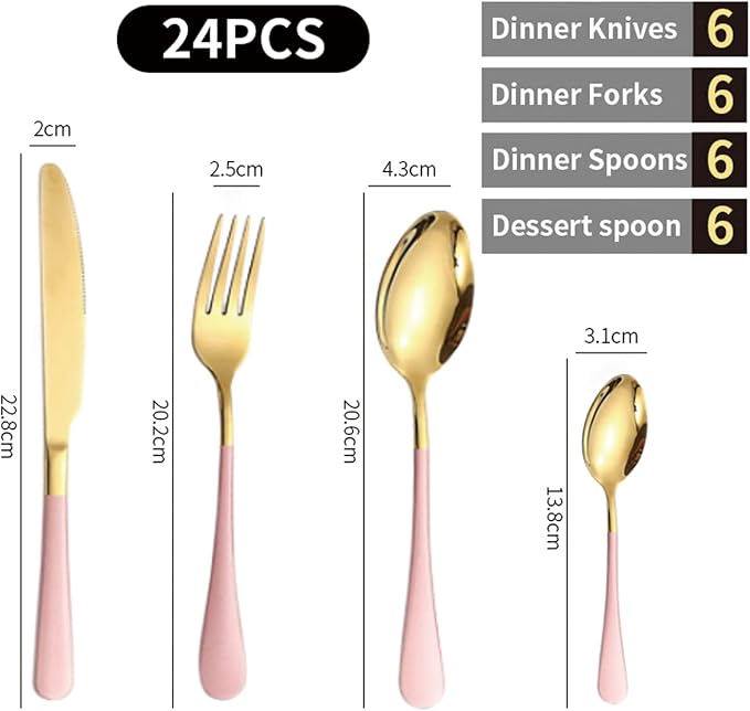 24 Pieces Flatware Set, Caliamary Stainless Steel Flatware Set with Silverware Holder Spoons Forks Knives,Utensils Set Service for 6,Gold Mirror Polished and Matte Pink Painted (Pink)…