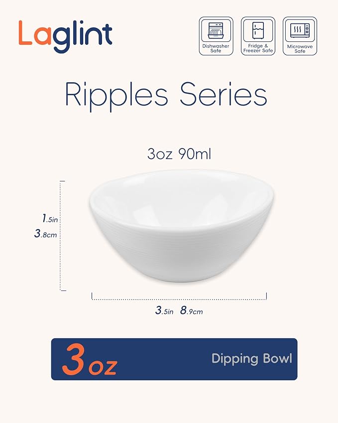 3 OZ White Dipping Bowl Set of 6, 3.5 Inch Opal Glass | Mini pinch bowls for soy sauce, ketchup, BBQ, sushi, bread and condiments, ideal for parties and everyday serving