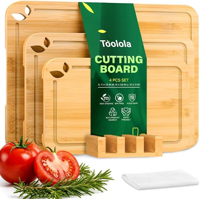 Bamboo Cutting Boards for Kitchen, Wooden Cutting Boards Set with Holder | Knife-Friendly Chopping Boards with Silicone Mat, Charcuterie Boards with Side Handles and Juice Grooves