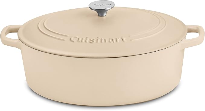 Cuisinart Chef's Classic Enameled Cast Iron Dutch Oven with Lid, Porcelain Enameled Interior, Oven Safe, Induction Compatible, 7-Quart, Oval, Tan