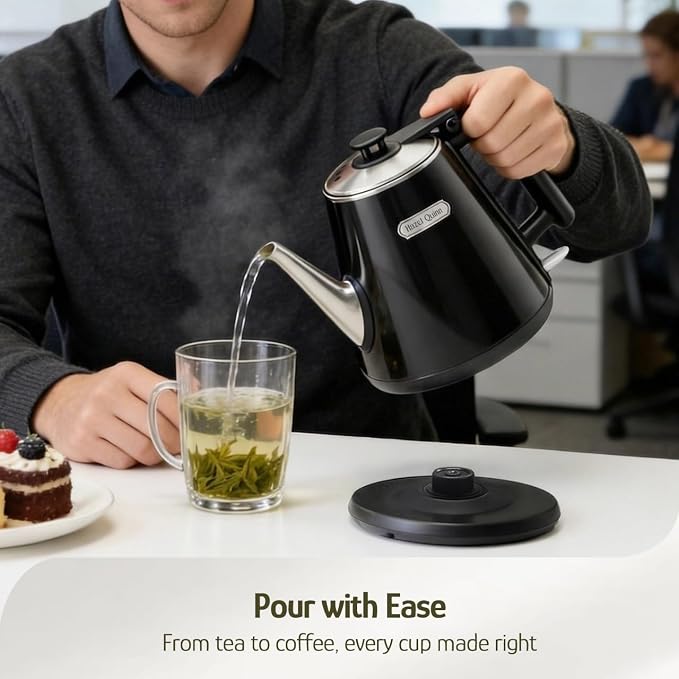 Hazel Quinn Electric Kettle, 1L/34oz Small Tea Kettle - Jet Black | 800W Fast Boil, 304 Stainless Steel Interior, Double-Wall Cool Touch, Gooseneck Spout, Auto Shut-Off, BPA-Free Cordless, Home