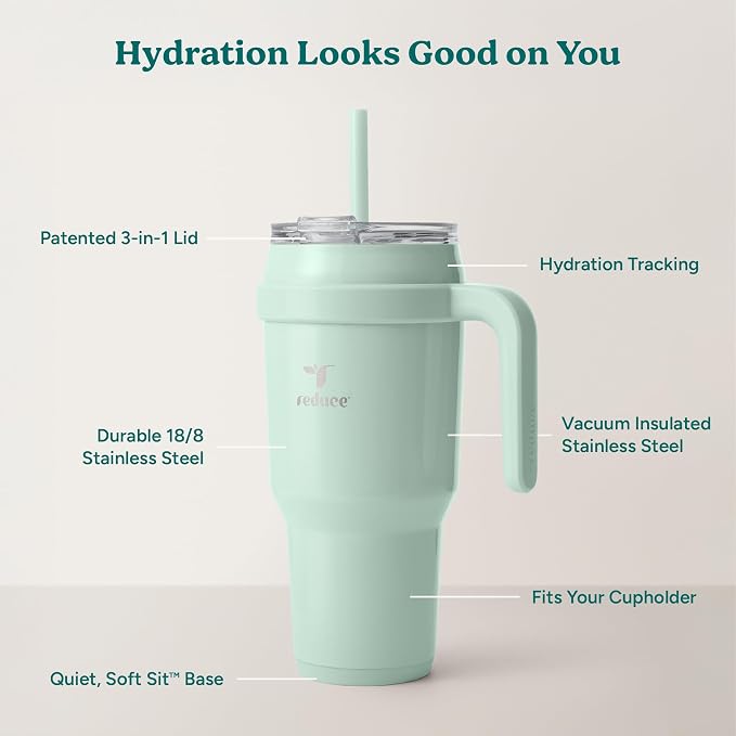 REDUCE Cold1 40 oz Tumbler with Handle - Vacuum Insulated Stainless Steel Water Bottle for Home, Office or Car, Reusable Mug with Straw or Leakproof Flip Lid, Keeps Drinks Cold All Day-Gloss Sea Glass