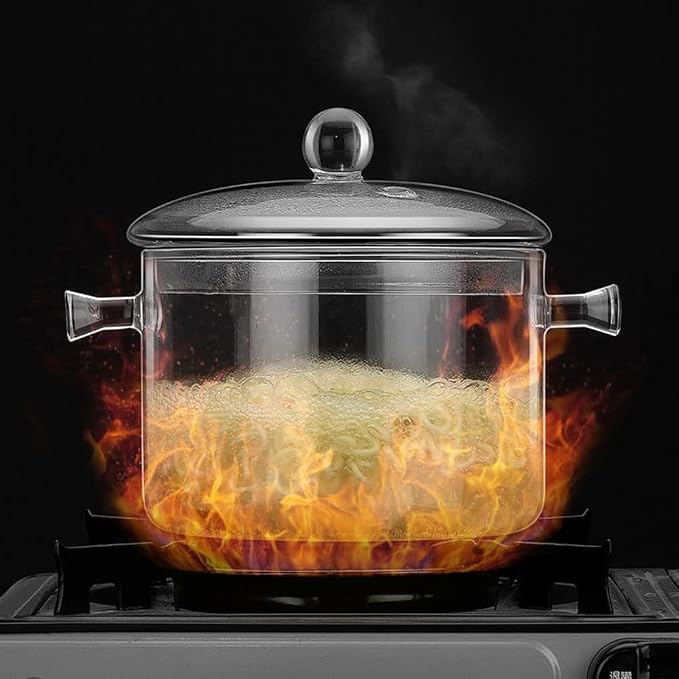 1.9L/64OZ Glass Saucepan with Cover, Heat-resistant Glass Stovetop Pot and Pan with Lid, The Best Handmade Glass Cookware Set Cooktop Safe for Pasta Noodle, Soup (Double-handled pot)