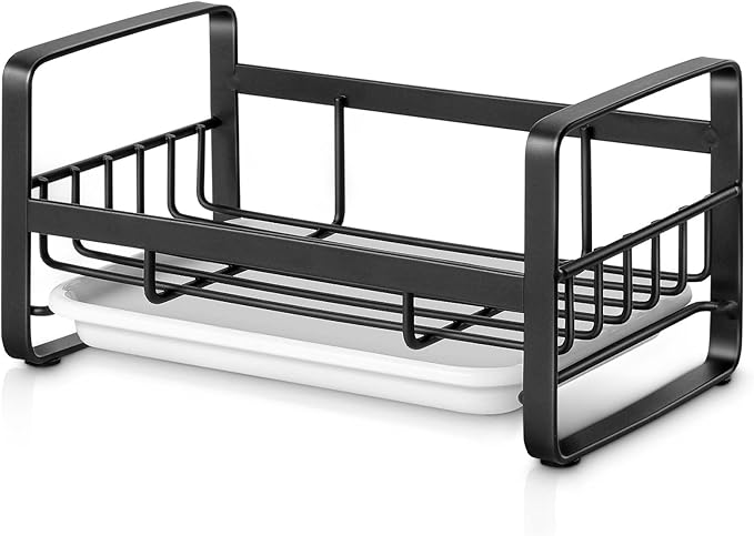 HULISEN Kitchen Sponge Holder, 304 Stainless Steel Sink Caddy, Black | Removable Drain Tray, Holds Sponges Soap Bottles Brushes, Countertop Storage, No Dispenser or Brush