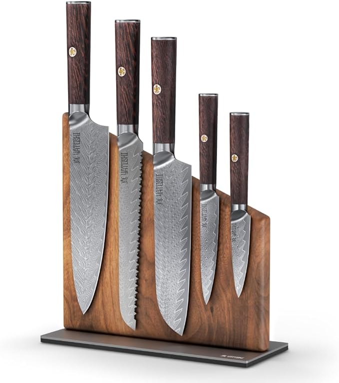 Magnetic Kitchen Knife Block Set - Japanese 67 Layer High-Grade VG-10 Steel Knives, Sharp, G10 Handle Professional Kitchen Knife Set - Damascus (6 pieces), Brown Pakkawood Handles