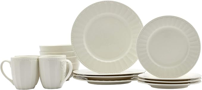 Tabletops Gallery Embossed Bone White Porcelain Round Dinnerware Collection- Chip Resistant Scratch Resistant, Mosaico 16 Piece Dinnerware Set (Dinner Plate, Salad Plate, Cereal Bowl, Mug)
