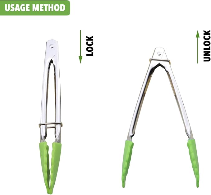 HINMAY 7" Mini Tongs with Silicone Tips, Set of 3 (Green) | 7 Inches Silicone Cooking Tongs