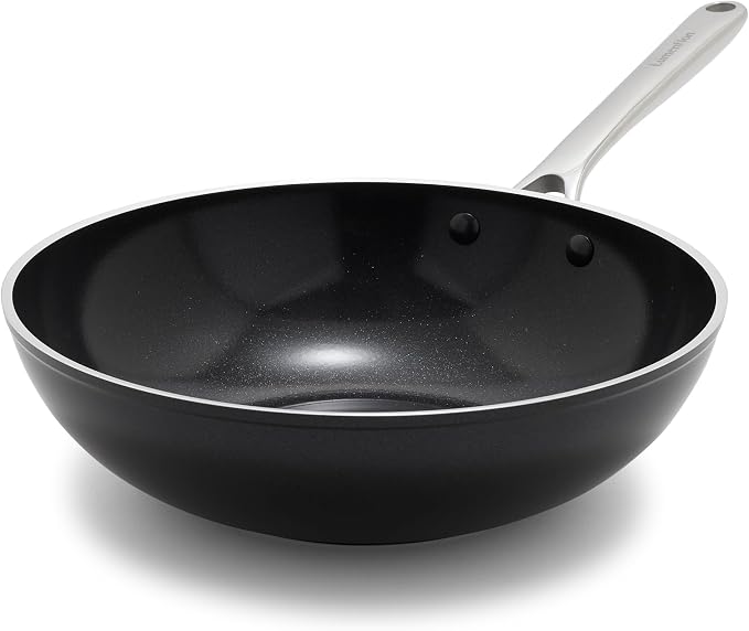 Orfeo 11” Nonstick Wok Pan, Made in Italy, Diamond Ceramic PFAS-Free Cookware, Induction Ready, Scratch Resistant, Laser-Fused Surface for Durability, Dishwasher Safe, Black