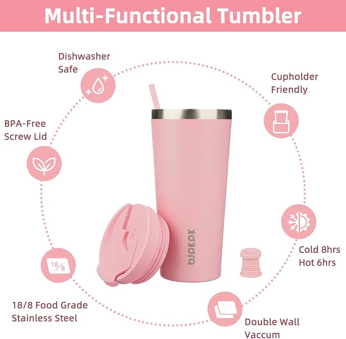 BJPKPK 22 oz Coffee Tumbler with Straw, Insulated Stainless Steel Cup | Double Wall Vacuum, Leak Proof Lid, Keeps Hot/Cold/Iced, BPA Free, Dishwasher Safe, Cupholder Friendly, Travel, Light Pink