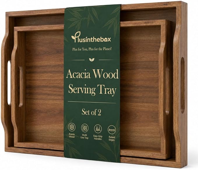 Acacia Wood Serving Trays with Handles, Rectangular Wooden Tray Set of 2 for Breakfast, Coffee Table, Ottoman, Kitchen, Dining, Party and Home Décor