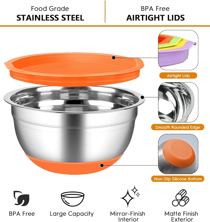 Mixing Bowls with Airtight Lids, 18pcs Stainless Steel Mixing Bowls Set | Nesting Non-slip Silicone Bowls Bottom, Size 4.5, 3.6, 2.7, 2.1, 1.7, 1.1, 0.7 qt, Fit for Mixing & Serving(Colorful )