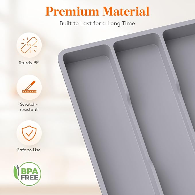 Lifewit Utensil Organizer for Kitchen Drawer, Expandable Cooking Tray | Adjustable Cutlery Flatware Holder, Plastic Silverware Spatula Tools Storage Divider, 11.9-17.3 x 15.8", Gray
