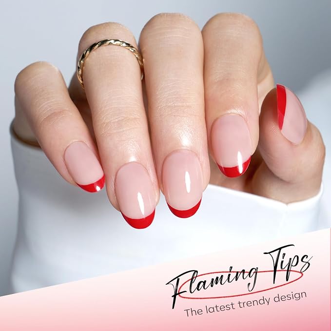 Modelones Red French Tip Press on Nails Short, Summer Oval Fake Nails | Reusable Nail Kit with Nail Glue Adhesive Tabs Mini Nail File, Nails Press Ons 32Pcs 16Sizes, Women Girl Gift