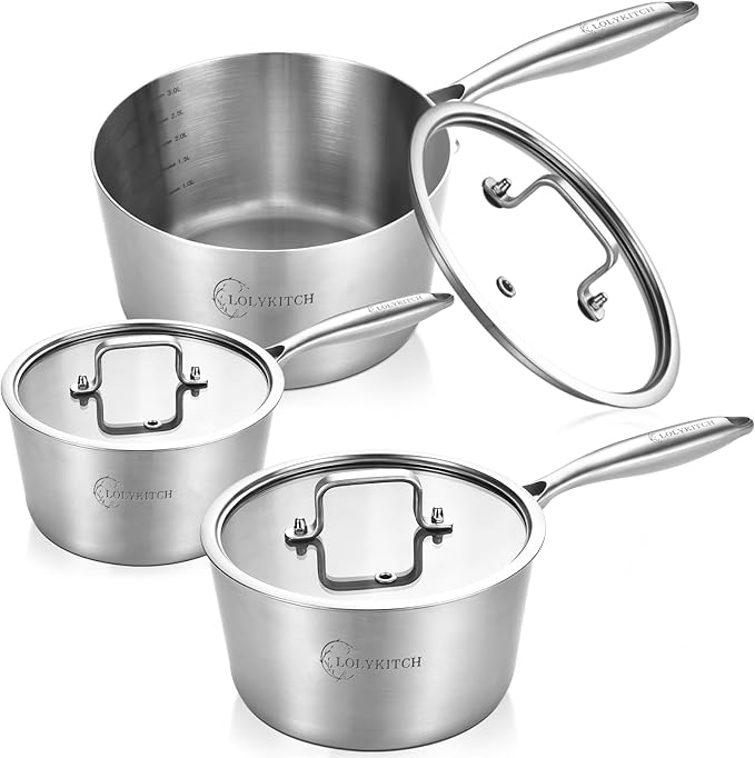 LOLYKITCH 1 & 2 & 3QT Stainless Steel Saucepan Set with Glass Lids | Tri-Ply | Uncoated | Heavy Bottom | Cooking Pots | Metal Sauce Pans for Induction Cooktop | Ergonomic Handle