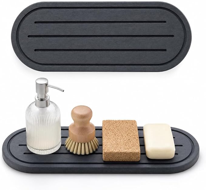2PCS Water Absorbing Stone Drying Tray Mat for Bathroom Sink & Kitchen Counter Faucet Organizer Decor, Quick Dry Dish Soap Dispenser Sponge Holder, Vanity Caddy Coaster,Dark Gray -10"*3.8"