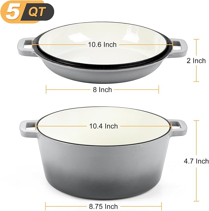 P&P CHEF 2 In 1 Gray Dutch Oven Pot with Lid for Bread Baking, 5Qt | Cast Iron Bread Dutch Oven, Skillet & Pot for Roasting Braising Stewing Frying Simmering, Multi Stoves & Oven Safe
