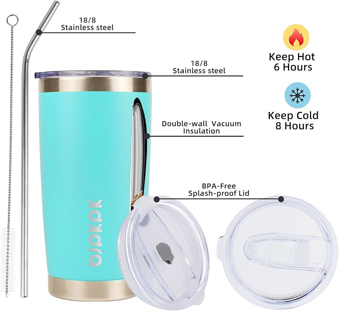 BJPKPK 20 oz Coffee Tumbler with Lid, Straw, Insulated Stainless Steel Mug | Double Wall Vacuum, Keeps Hot/Cold, BPA Free, Leak Proof, Iced Coffee Cup Fit Car Holder, Travel & Beach Ready, Turquoise